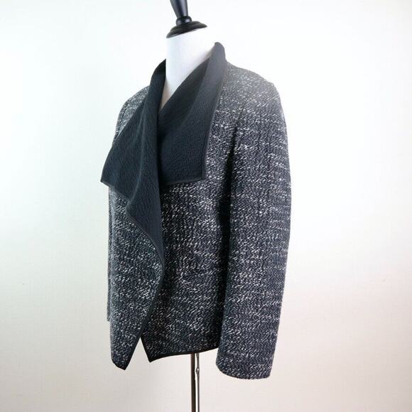 Ann Taylor Size L Boucle Tweed Draped Jacket Black White Marled - Picture 3 of 11